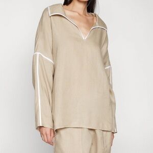 TORY BURCH Linen Oversized Luxury Blouse – Beige w/ White Piping Trim | Size L